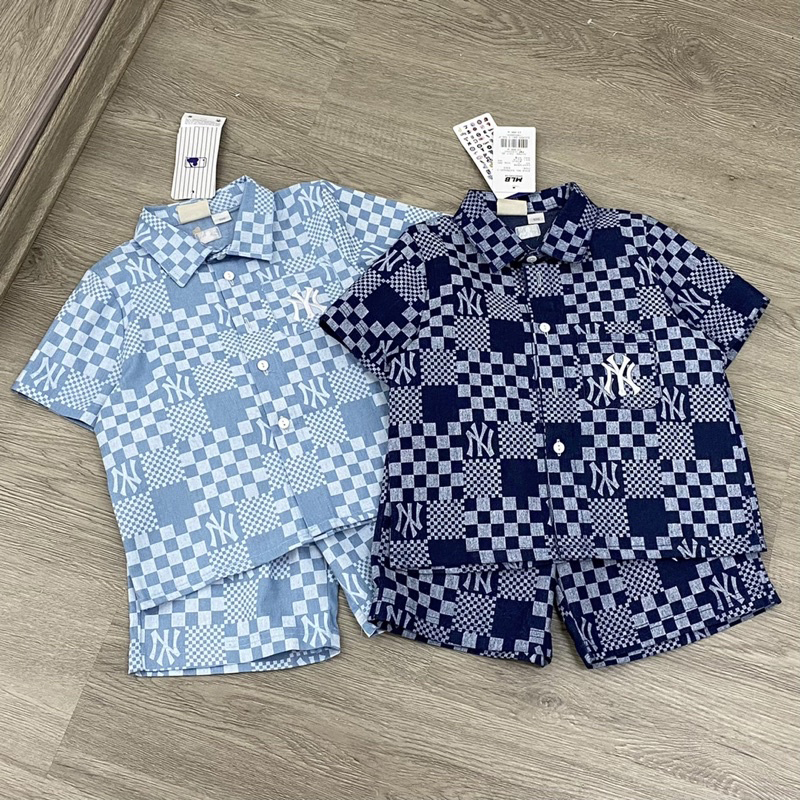 Set bộ bò giấy hoạ tiết logo vuông MLb cho bé trai hàng cao cấp size từ 15-42 cân