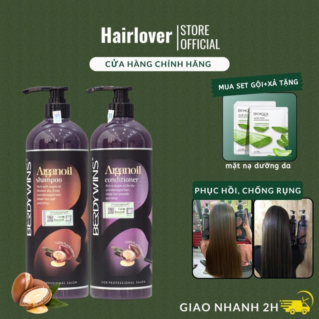 Combo dầu gội, dầu xả Berdywins Argan oil 500ml dưỡng tóc khô xơ rối, phục hồi tóc mềm mượt hương nước hoa Chính Hãng