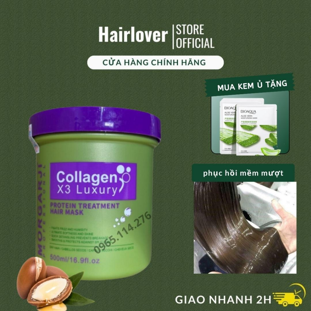 Kem ủ tóc Collagen phục hồi tóc hư tổn, hấp tóc siêu mềm mượt chăm sóc tóc khô xơ uốn nhuộm tẩy Morgarji 500ml HAIRLOVER