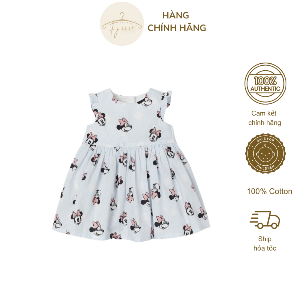 Váy bé gái chính hãng HM, đầm mùa hè họa tiết chuột minnie xanh chất cotton thoáng mát cho bé 9 đến 12 tháng tuổi Auth