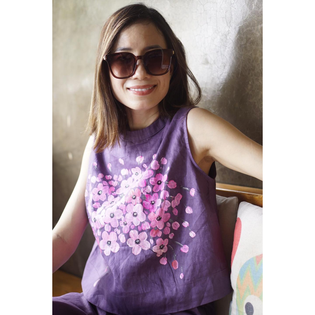 MaxMessi - Áo croptop nữ Linen Tưng Premium CAILY sát nách cổ tròn vẽ tay thủ công