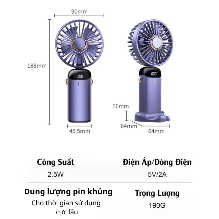 Quạt cầm tay tích điện dung lượng pin khủng 10.000 mAh cao nhất trên thị trường, quạt mini HSON 5 tốc độ gió linh hoạt