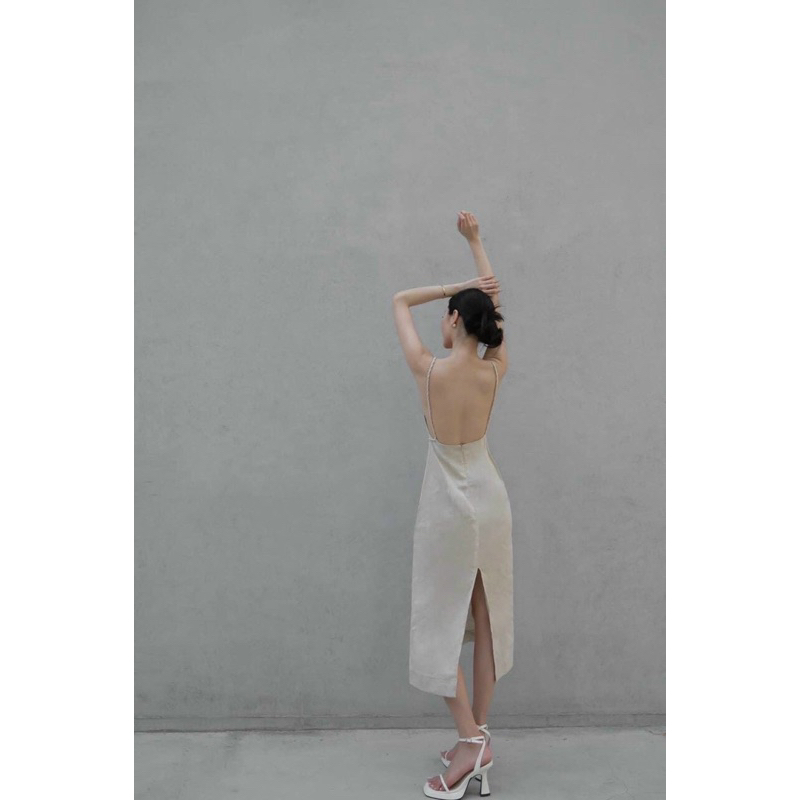 Florence - Đầm midi linen hai dây tết hở lưng kèm dây tết cột eo