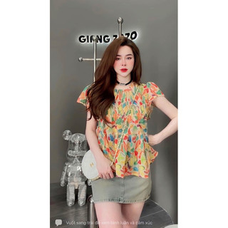 Áo sơ mi hoa chun ngực cho nữ