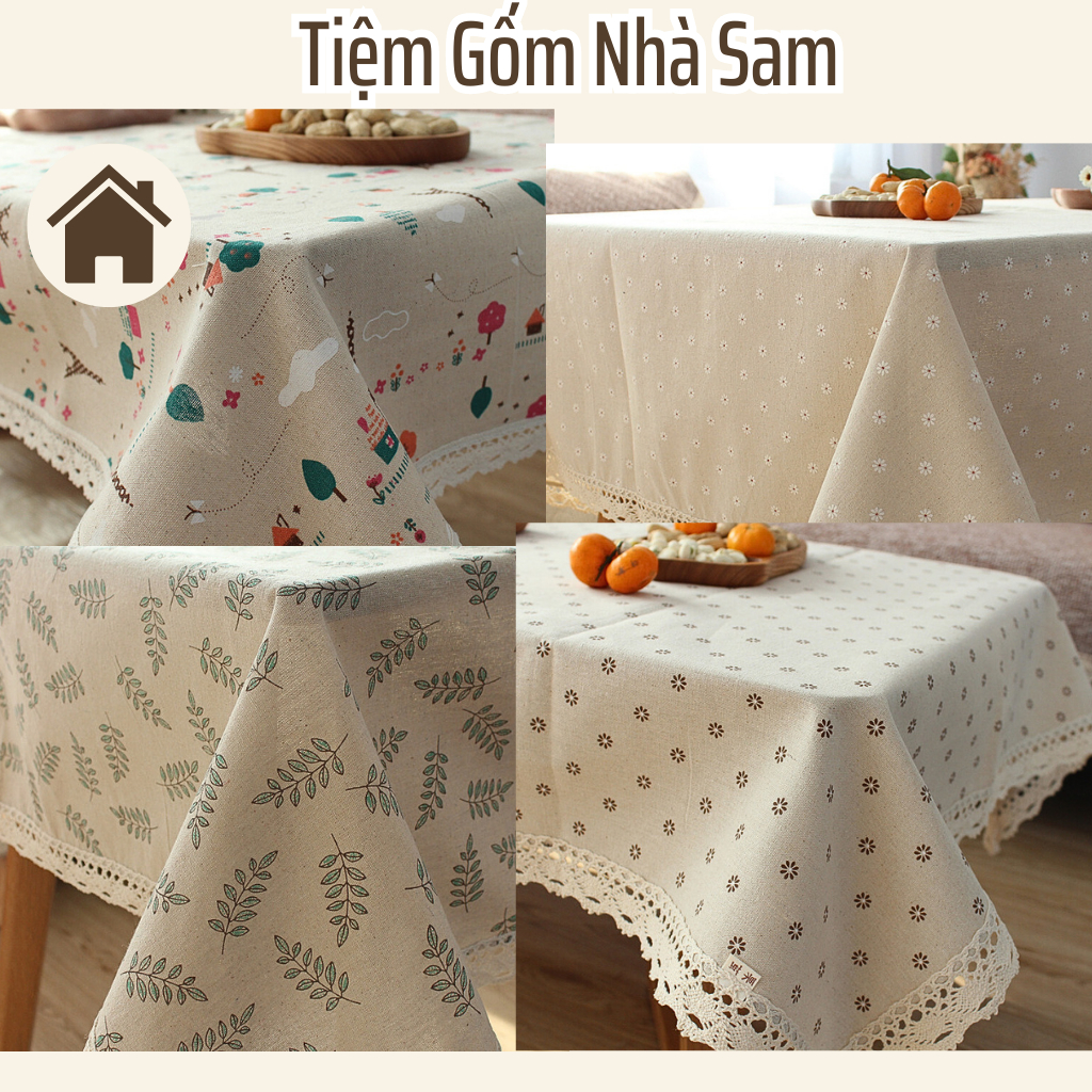 Khăn trải bàn vải Canvas viền ren họa tiết hoa nhí vintage của Tiệm Gốm Nhà Sam
