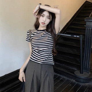 Áo thun nữ kẻ sọc xám tiêu 2 màu đen hồng vải cotton 100% co dãn 4 chiều MA059