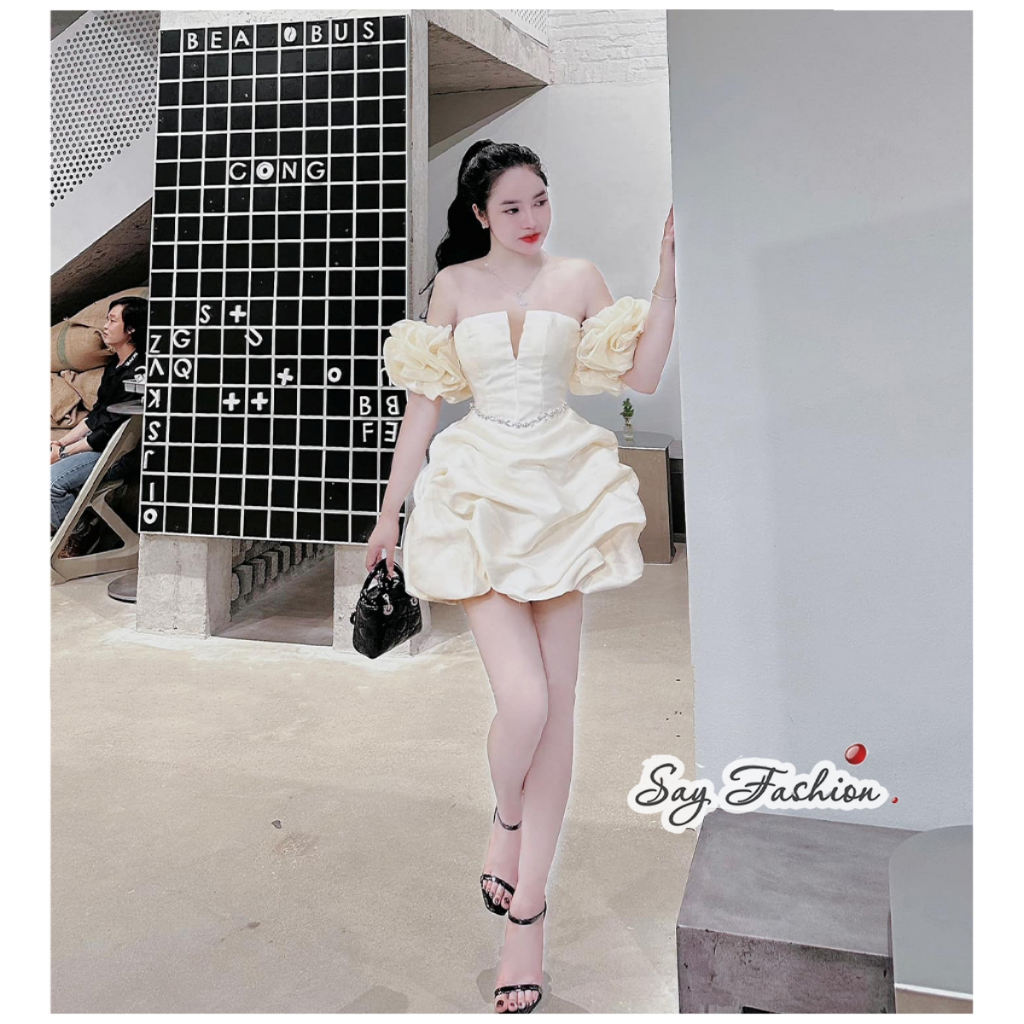 Váy công chúa trễ vai xẻ ngực ống tay tơ đầm bồng tùng bí khâu eo dây đá sáng mặc tiệc tùng, hẹn hò, sinh nhật