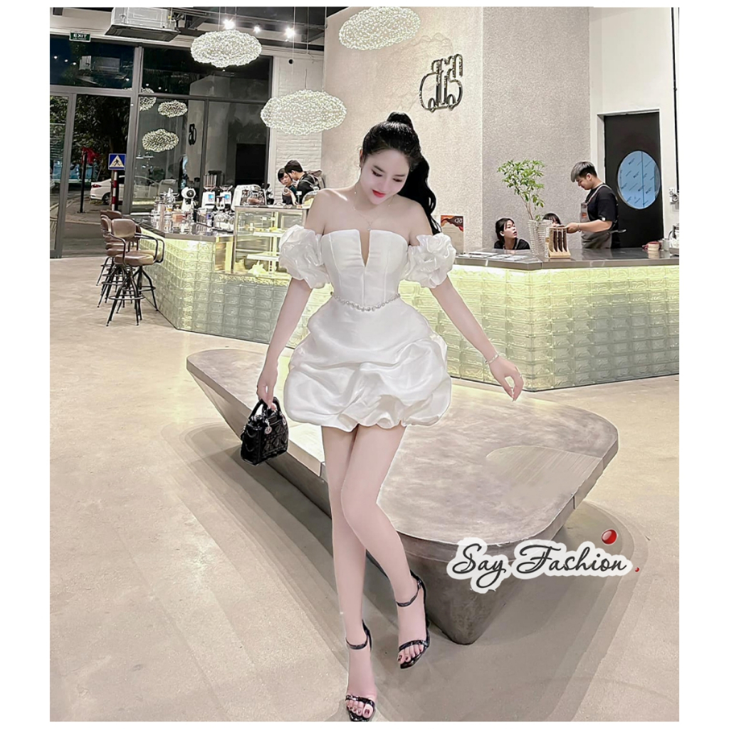 Váy công chúa trễ vai xẻ ngực ống tay tơ đầm bồng tùng bí khâu eo dây đá sáng mặc tiệc tùng, hẹn hò, sinh nhật