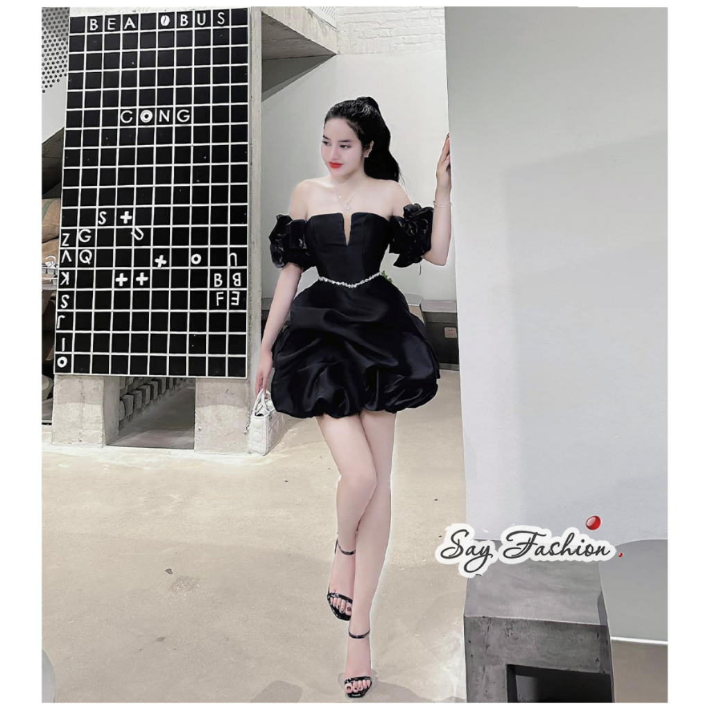 Váy công chúa trễ vai xẻ ngực ống tay tơ đầm bồng tùng bí khâu eo dây đá sáng mặc tiệc tùng, hẹn hò, sinh nhật