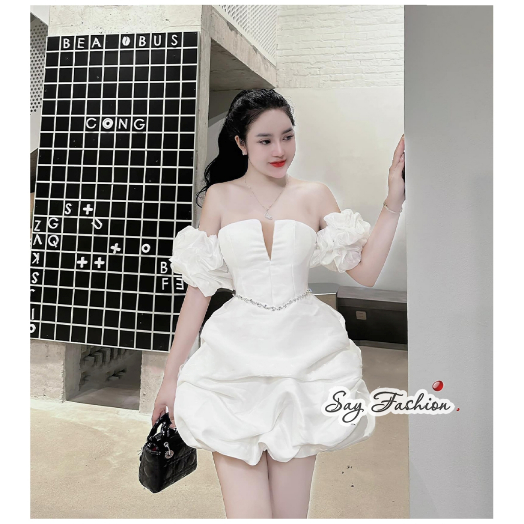 Váy công chúa trễ vai xẻ ngực ống tay tơ đầm bồng tùng bí khâu eo dây đá sáng mặc tiệc tùng, hẹn hò, sinh nhật