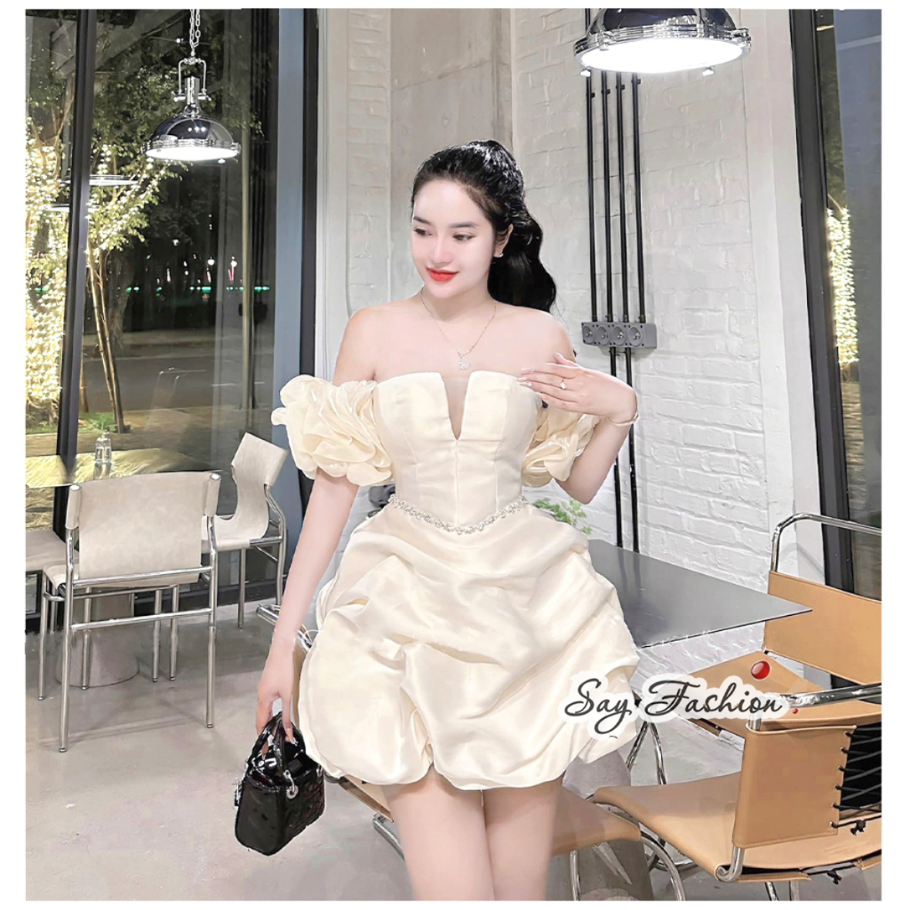Váy công chúa trễ vai xẻ ngực ống tay tơ đầm bồng tùng bí khâu eo dây đá sáng mặc tiệc tùng, hẹn hò, sinh nhật