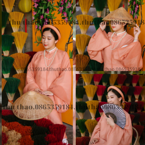 Áo ngũ thân nữ tay thụng tơ xước mịn với tông màu cam sang chảnh