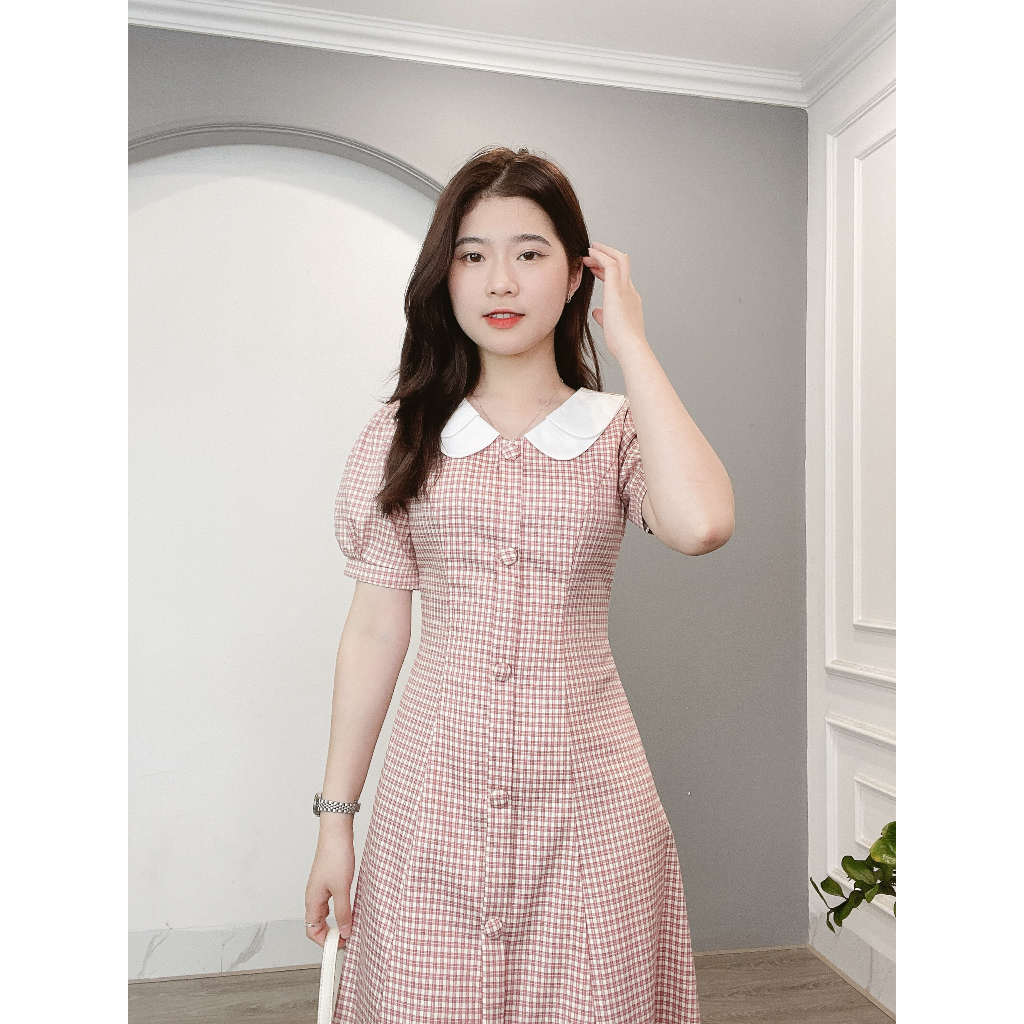 Váy Kẻ Cổ Phối Trắng 2 Lá Min House