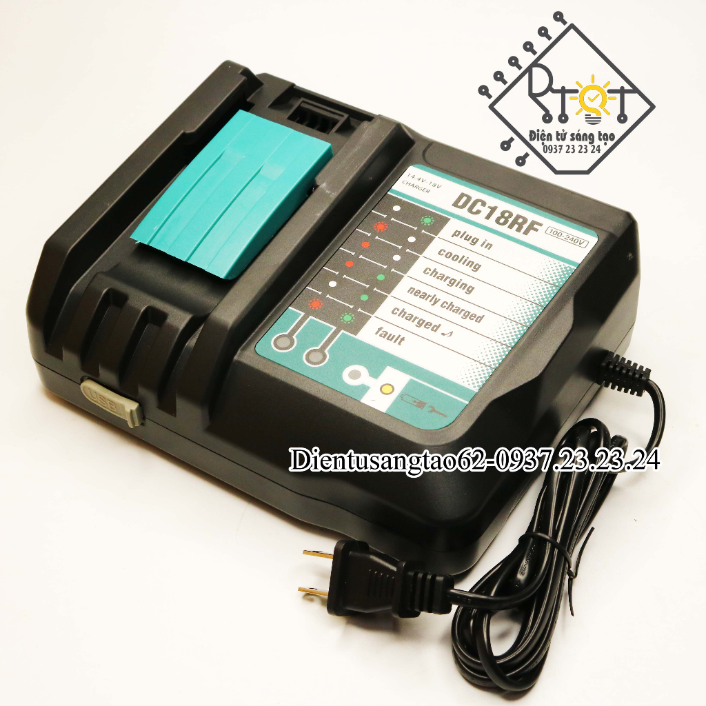 Sạc nhận zin Makita DC18RF 14.4V - 18V Li-ion, dòng sạc 3A có cổng USB . Sử dụng điện 220V