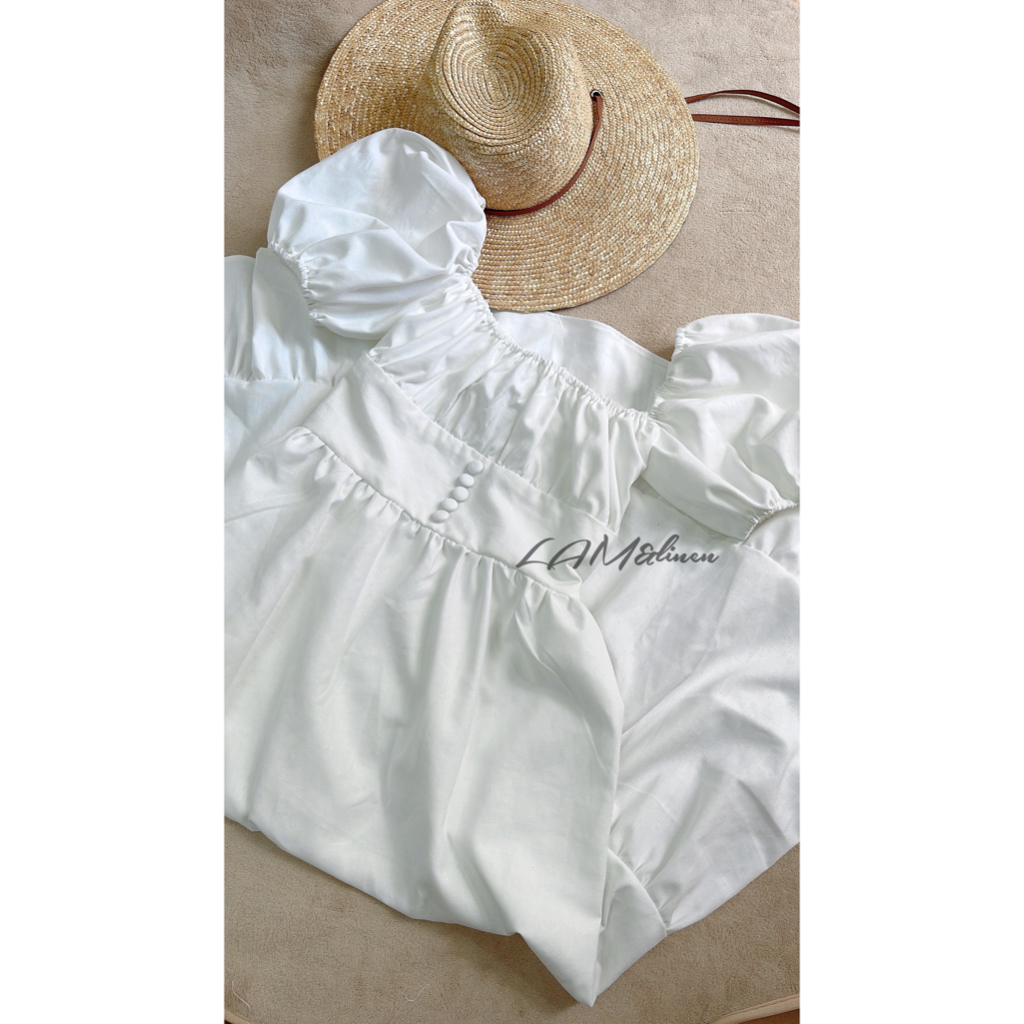 Đầm maxi tay bồng xoè dài, cúp ngực nhún vải Linen- Màu hồng son