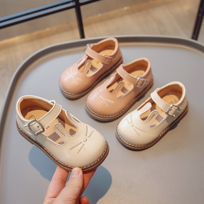 GIÀY BÚP BÊ  Sz21-30 Giày búp bê da thỏ đáng yêu phối 2 màu kem và hồng F2023-18