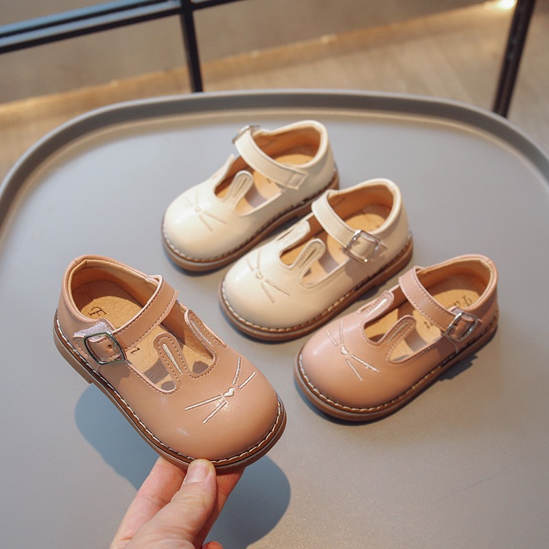 GIÀY BÚP BÊ  Sz21-30 Giày búp bê da thỏ đáng yêu phối 2 màu kem và hồng F2023-18