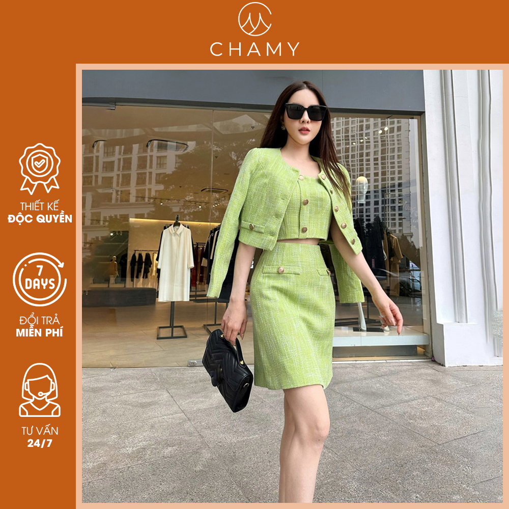 Set áo croptop + áo khoác + chân váy Maylin kiểu dáng sang trọng, chất vải dạ text cao cấp thiết kế CHAMY