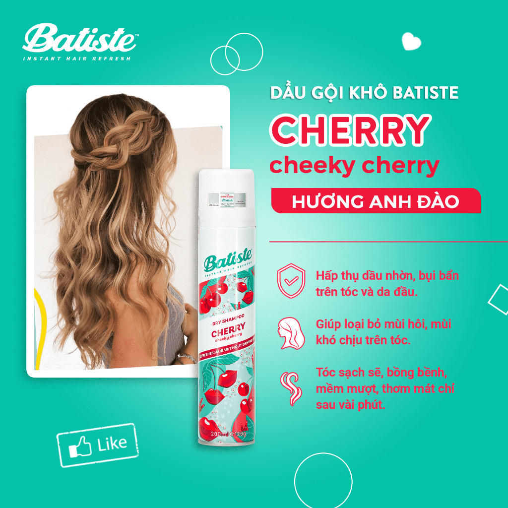 Combo 1 Dầu Gội Khô Batiste Cherry 200ml +1 Dung Dịch Vệ Sinh Femfresh Dùng Hàng Ngày 150ml (Cherry +DDVS Cam150)