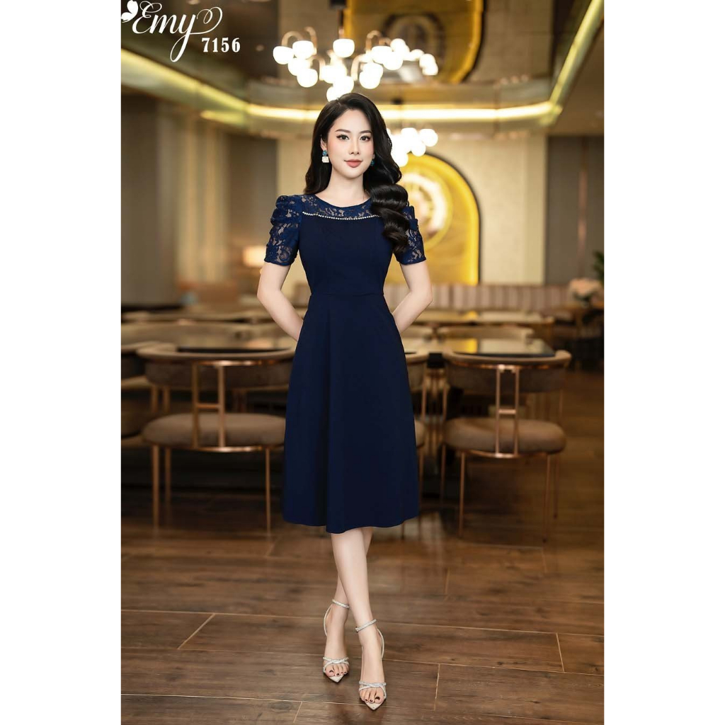 Đầm EMY EM7156 Xoè Xanh Đen Phối Ren