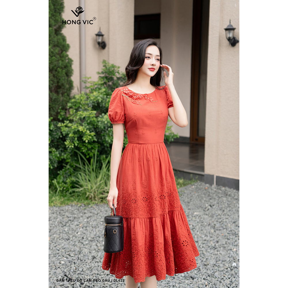 Đầm nữ thiết kế Hong Vic thêu đỏ cam bèo gấu DL622
