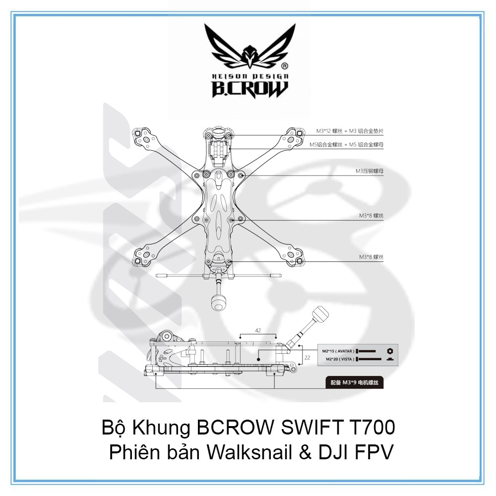 Bộ Khung BCROW SWIFT T700 phiên bản Walksnail & DJI