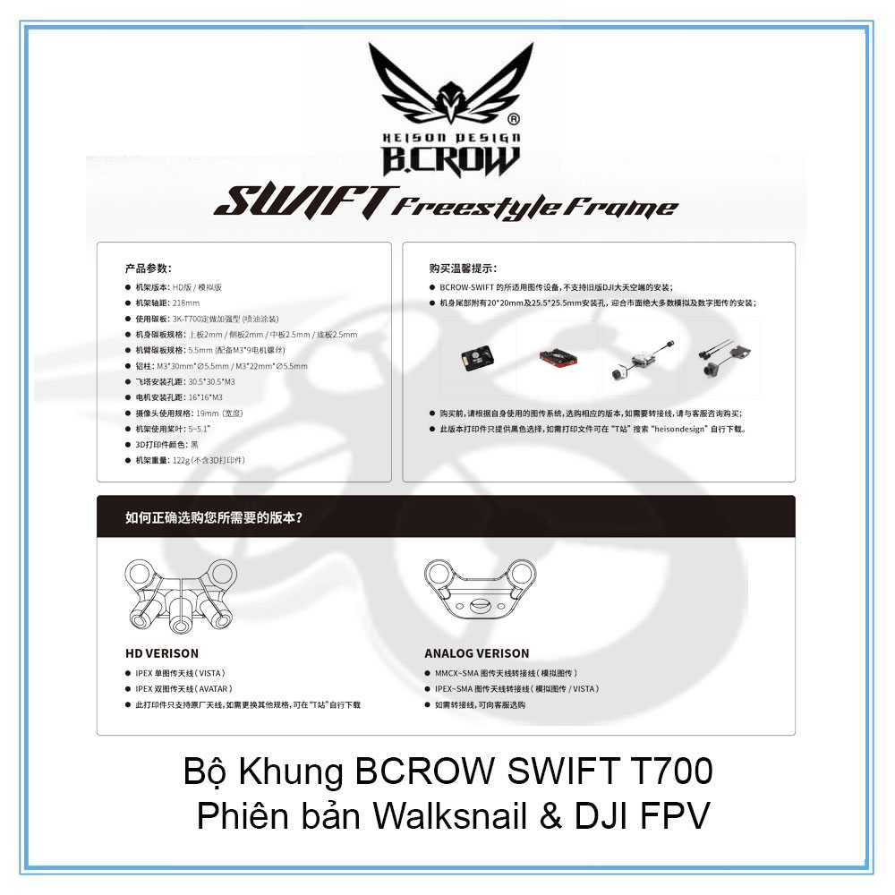 Bộ Khung BCROW SWIFT T700 phiên bản Walksnail & DJI