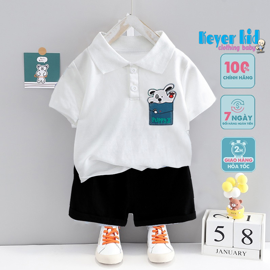 Bộ Polo Bé Trai KEYER KIDS, Áo Thun Polo Cotton Cộc Tay Quần Short Kaki Họa Tiết Túi Thỏ Dễ Thương SZ62