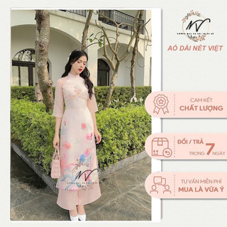 Áo dài Điệp Phi màu hồng nhạt baby đính kết trước ngực tỉ mỉ tiểu thư
