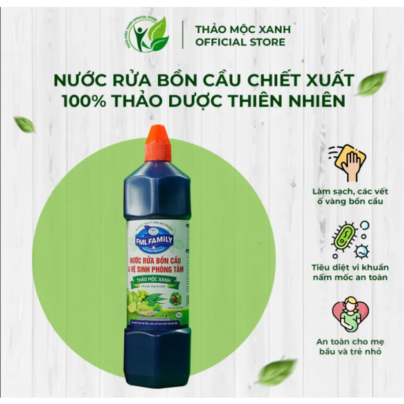 Nước rửa bồn cầu và vệ sinh phòng tắm - Thảo Mộc Xanh 100% thảo dược, an toàn cho mẹ bầu và trẻ nhỏ.Chứng nhận y tế.
