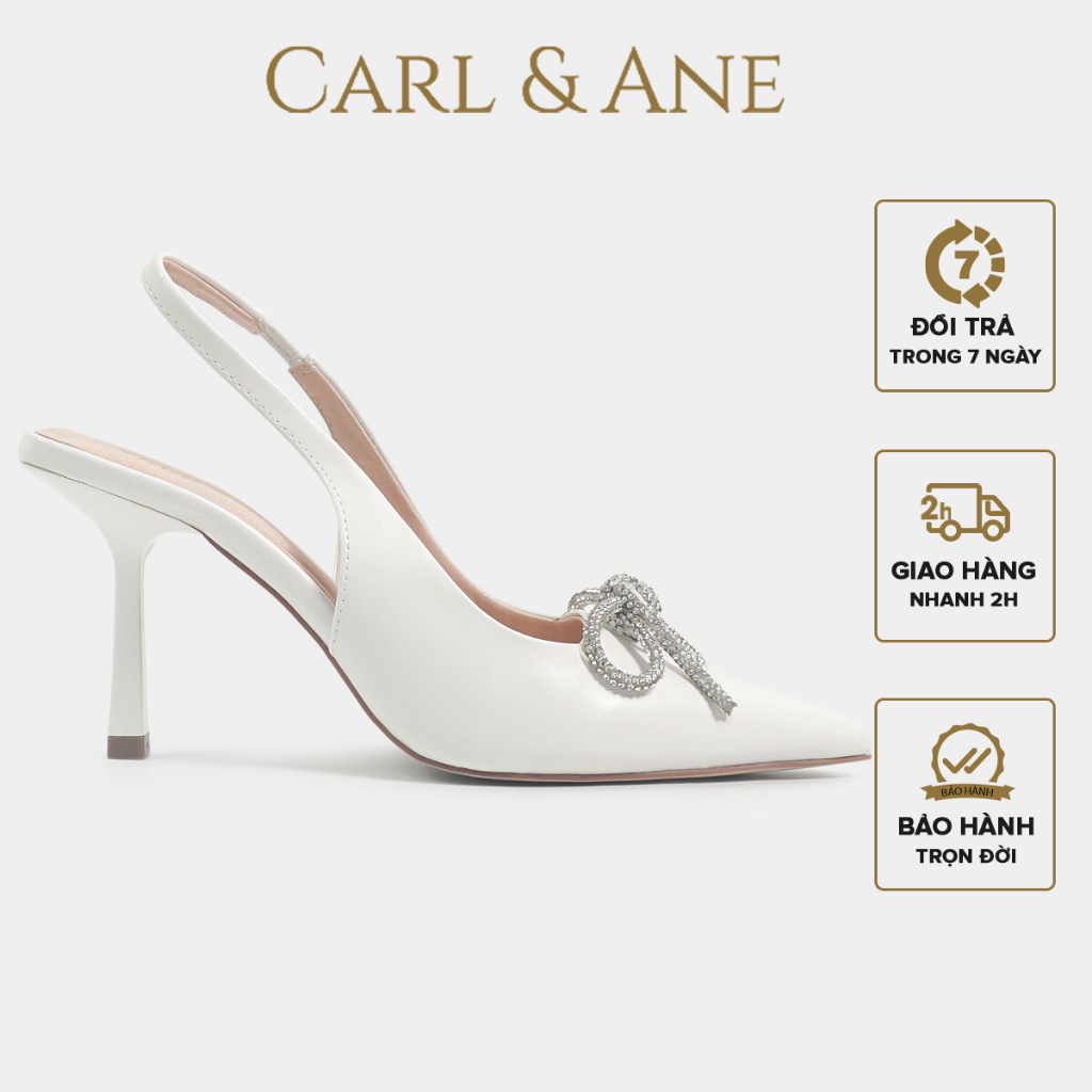 Carl & Ane - Giày mũi nhọn đính đá pha lê sang trọng dự tiệc cao 8cm màu trắng - WD008 [Form to lùi 1 size]
