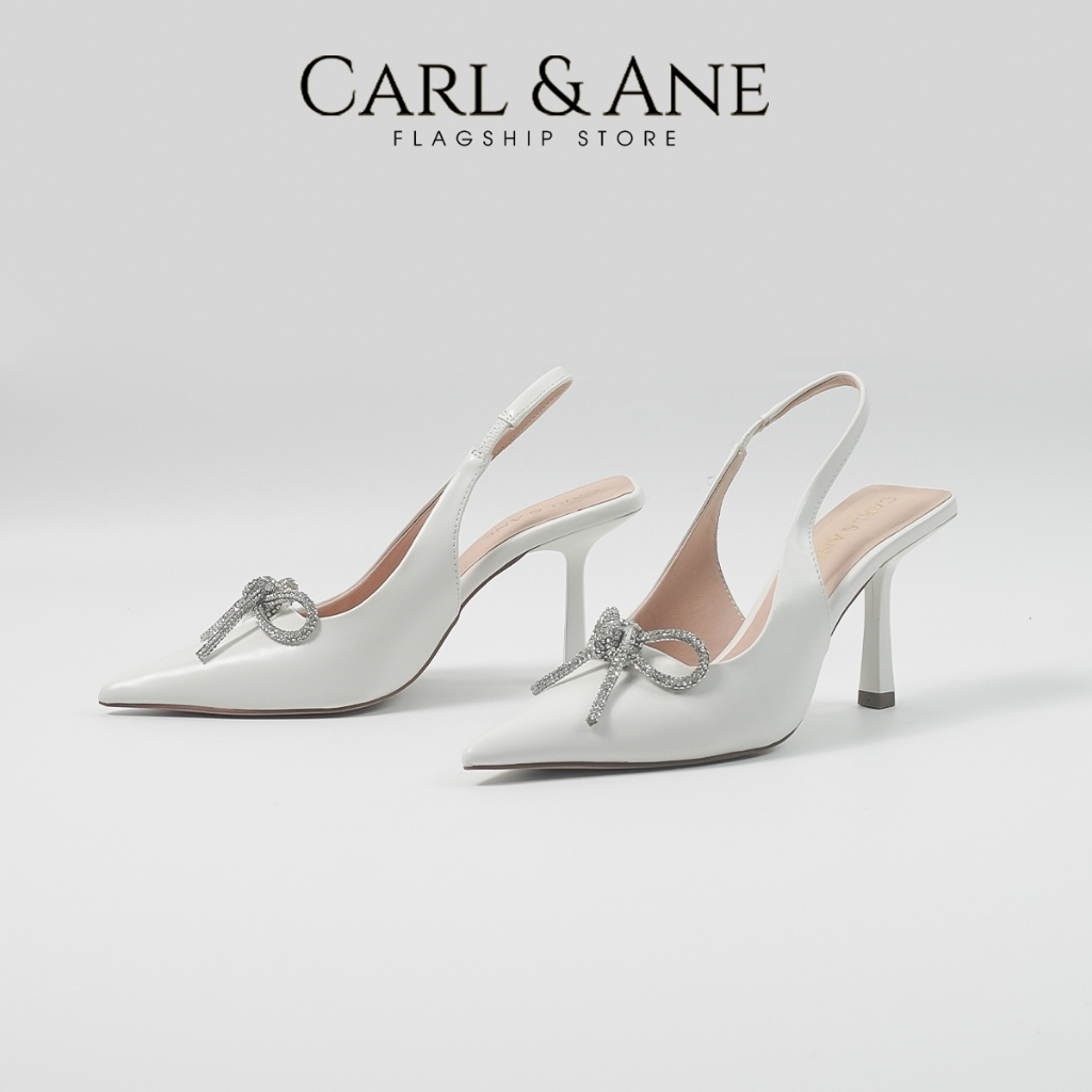 Carl & Ane - Giày mũi nhọn đính đá pha lê sang trọng dự tiệc cao 8cm màu trắng - WD008 [Form to lùi 1 size]