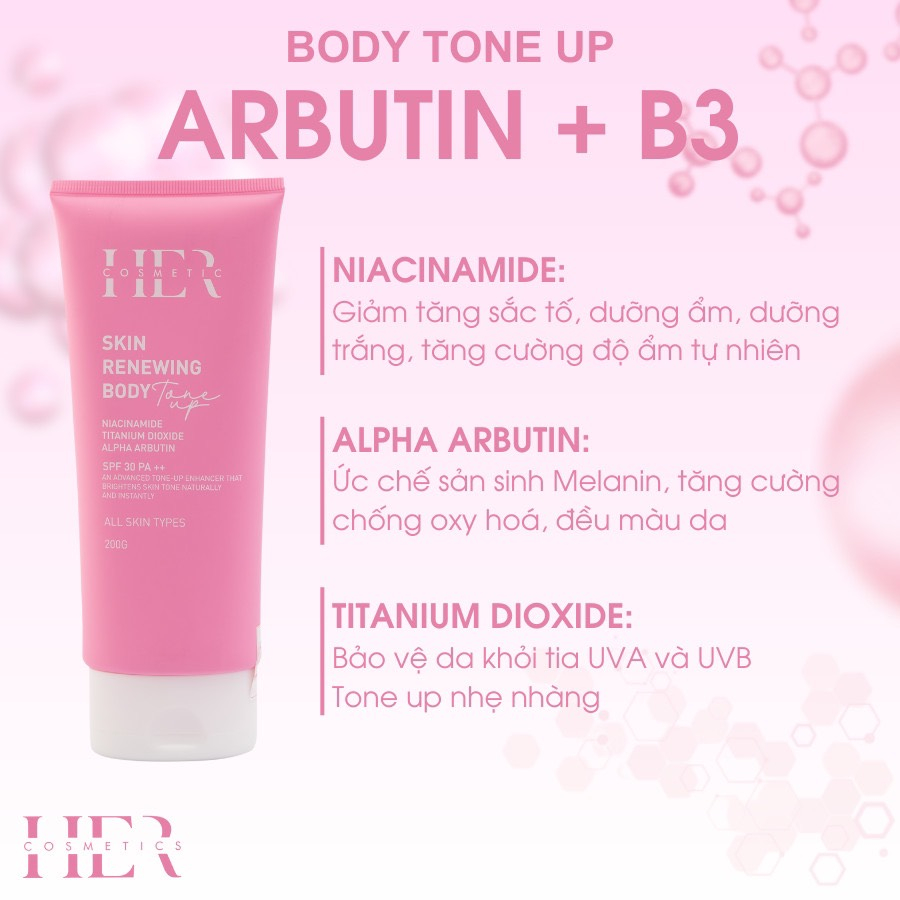 Kem Body Skin Renewing Body Tone Up SPF 30 PA ++ Hercosmetic Ban Ngày, NIACINAMIDE,ALPHA ARBUTIN, Dưỡng Trắng Tuýp 200gr