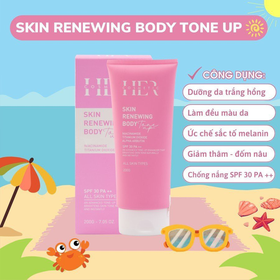 Kem Body Skin Renewing Body Tone Up SPF 30 PA ++ Hercosmetic Ban Ngày, NIACINAMIDE,ALPHA ARBUTIN, Dưỡng Trắng Tuýp 200gr