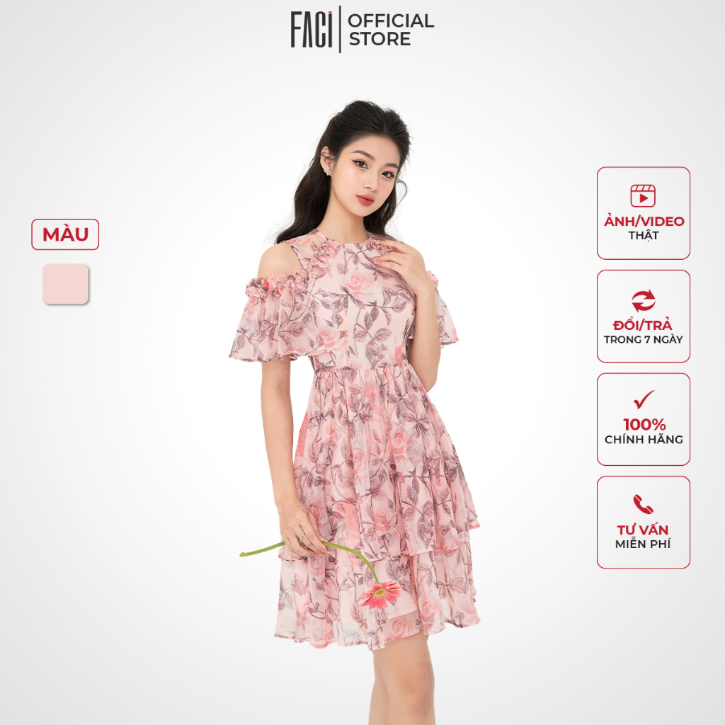 Váy Nữ FACI Candy Kiểu BabyDoll Xếp Tầng Thiết Kế Cổ Tròn Khoét Vai Tay 2 Lớp Tơ In Hoa Hồng Mềm Mại FA268