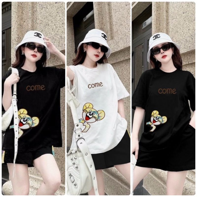 Set Bộ Đùi Form Rộng Thun Cotton Thêu Hình Chuột Hoạt Hình Chữ Come