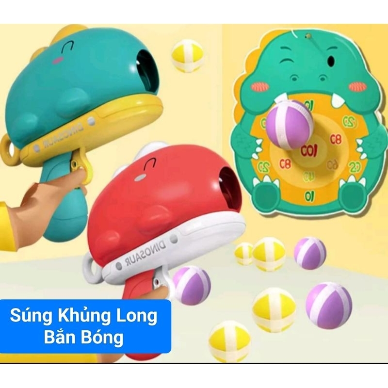 Đồ Chơi Bắn Bóng Khủng Long Vui Nhộn Cho Bé Có 3 Màu Xanh Vàng Đỏ Kèm 6 Bóng Và Móc Treo Cho Bé