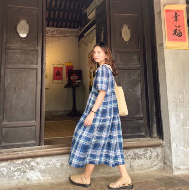 Đầm kẻ caro linen vintage cổ áo Peter Pan - Đầm Mia - Tiệm nhà Dẻ 🌰