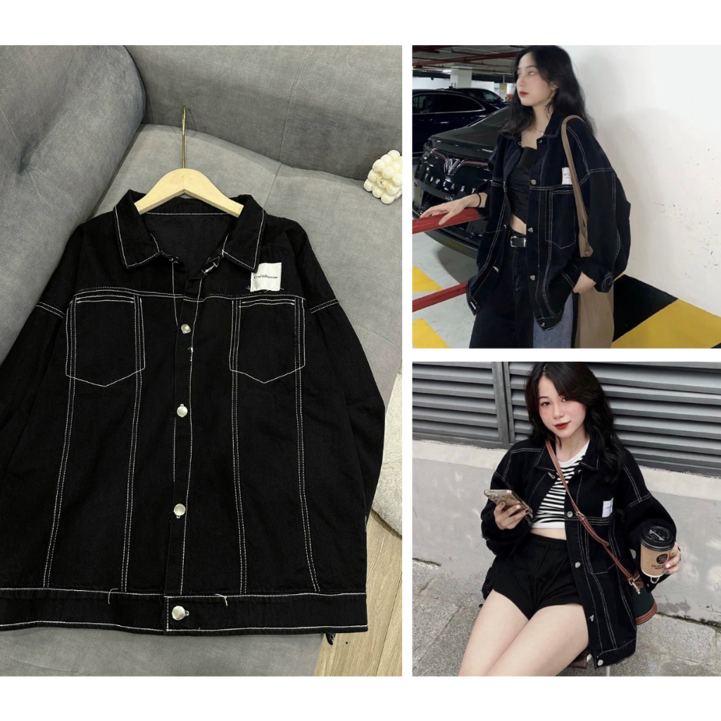 Áo Khoác Jean Nữ Form Rộng Unisex Thêu Chỉ Nổi, Áo Sơ Mi Có Cổ Phong Cách Hàn Quốc | BigBuy360 - bigbuy360.vn