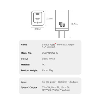 Củ sạc nhanh 40W 2 cổng C+C Baseus GaN5 Pro CCGAN40CS-M