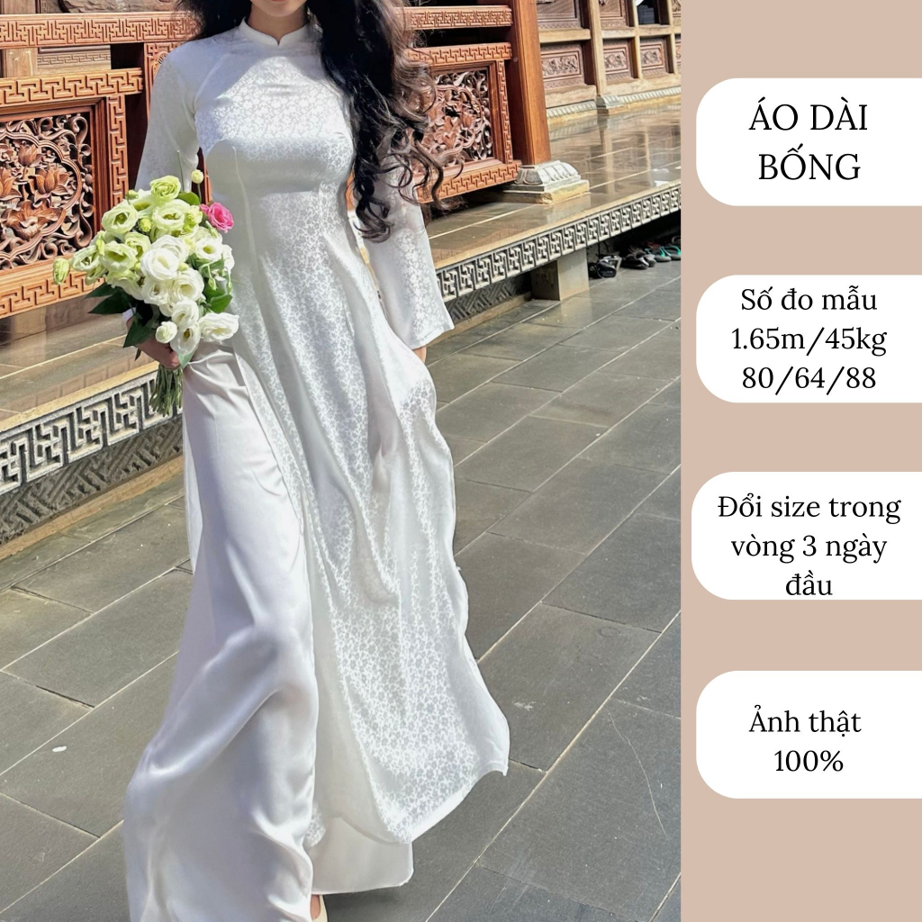 Áo dài trắng gấm cao cấp dành cho cô dâu, học sinh kèm quần