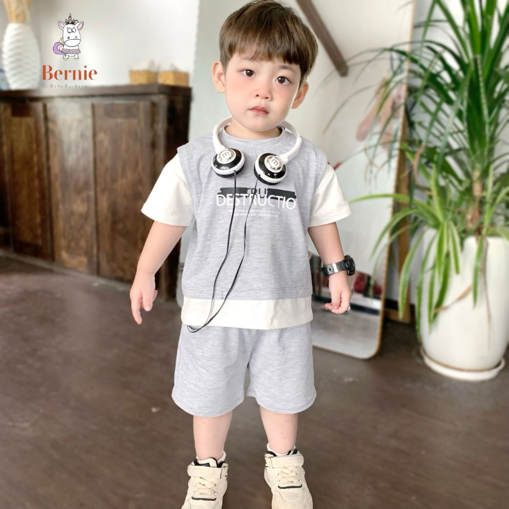 Set bé trai hiphop basic unisex phong cách hàn quốc thun cotton màu đen màu ghi 1 đến 7 tuổi BERNIE