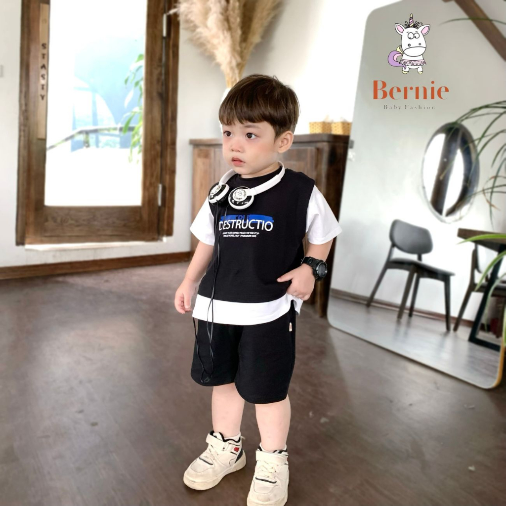 Set bé trai hiphop basic unisex phong cách hàn quốc thun cotton màu đen màu ghi 1 đến 7 tuổi BERNIE