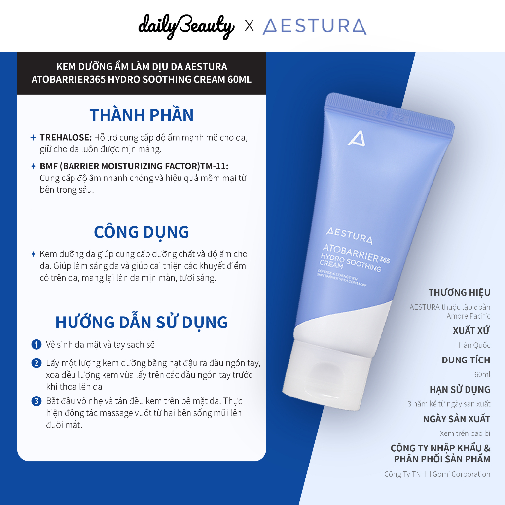 Kem Dưỡng Ẩm Làm Dịu Da AESTURA ATOBARRIER365 Hydro Soothing Cream 60ml (Date 26.12.2024) Daily Beauty Official