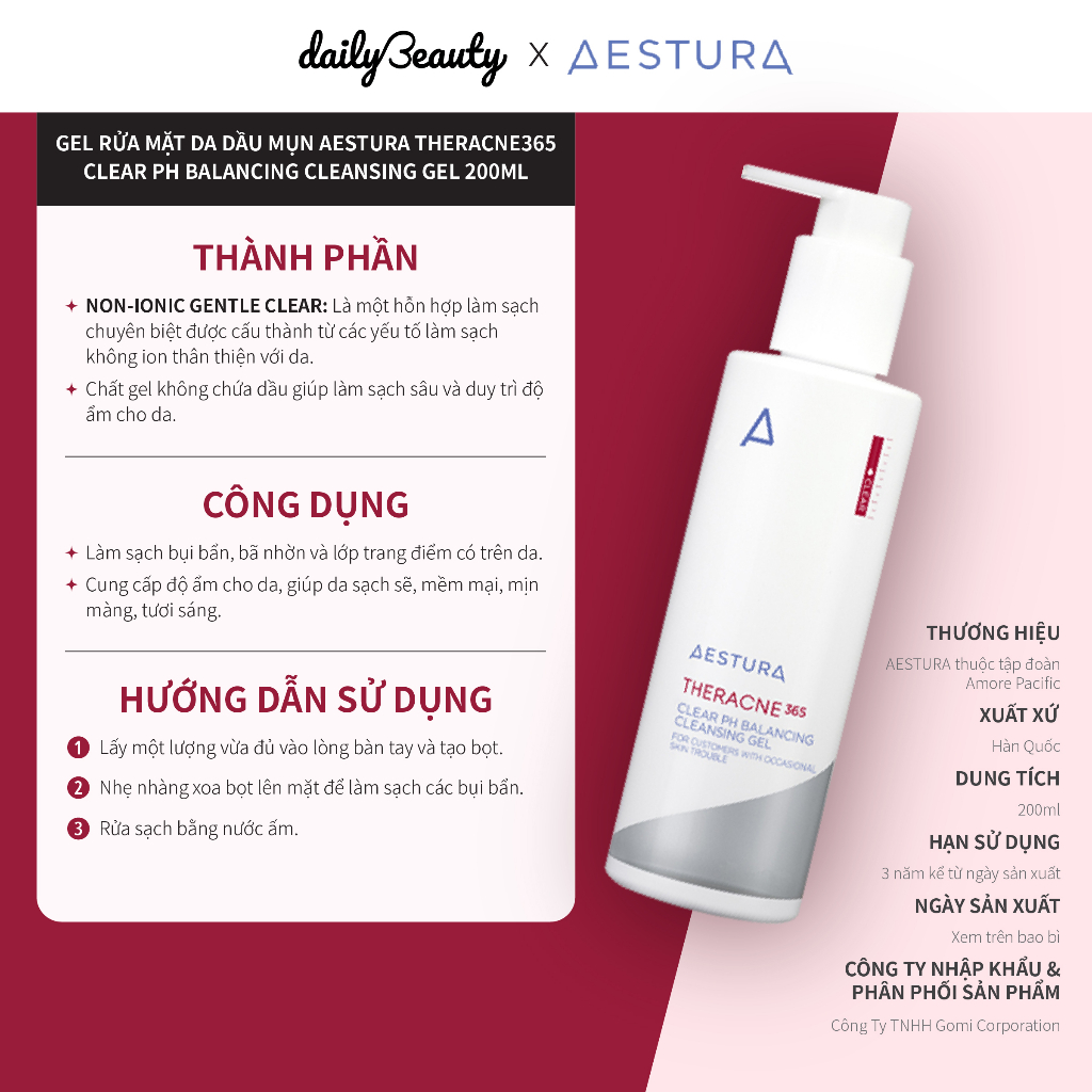 Gel Rửa Mặt AESTURA THERACNE365 Clear pH Balancing Cleansing Gel 200ml Daily Beauty Official