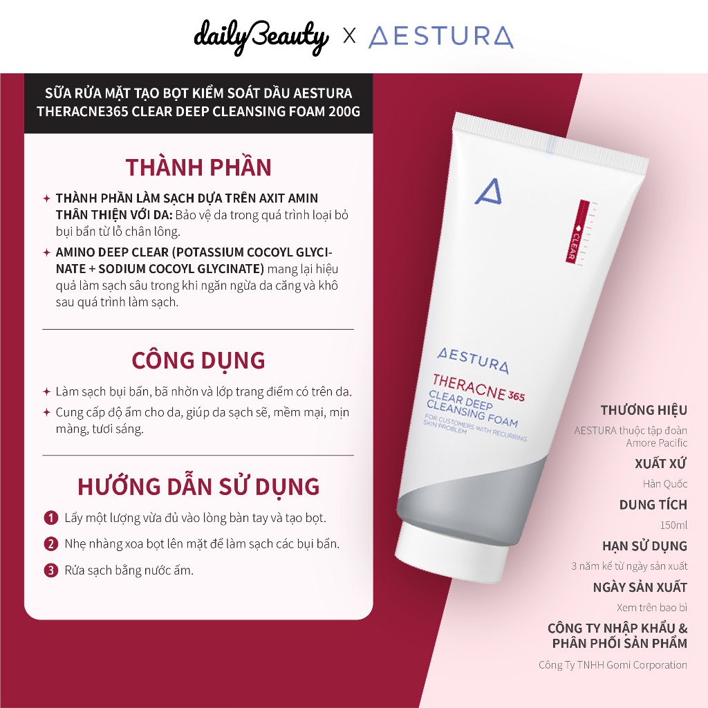 [GIFT] Sữa Rửa Mặt Tạo Bọt AESTURA THERACNE365 Clear Deep Cleansing Foam 200g (Date 09.2024) Daily Beauty Official