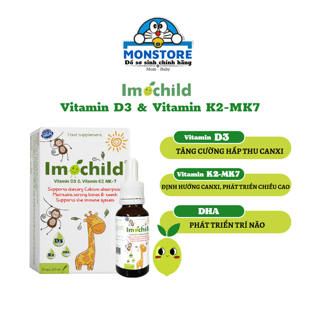 Imochild D3K2 giúp bổ sung vitamin D3 K2-MK7 và DHA, hỗ trợ bé phát triển chiều cao và trí não (DT 20ml)