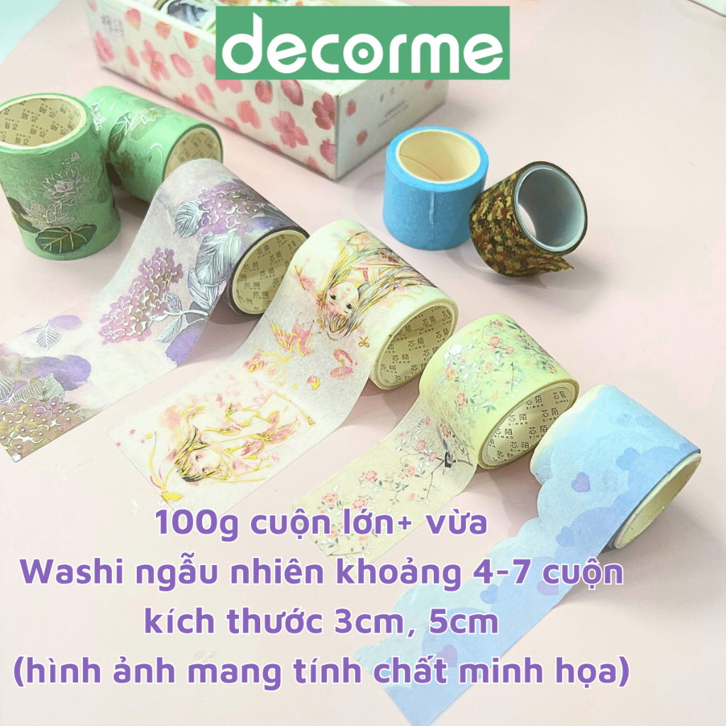 100g băng keo họa tiết washi tape mix họa tiết cute, vintage Buka dùng trang trí album sổ lưu niệm (ngẫu nhiên)