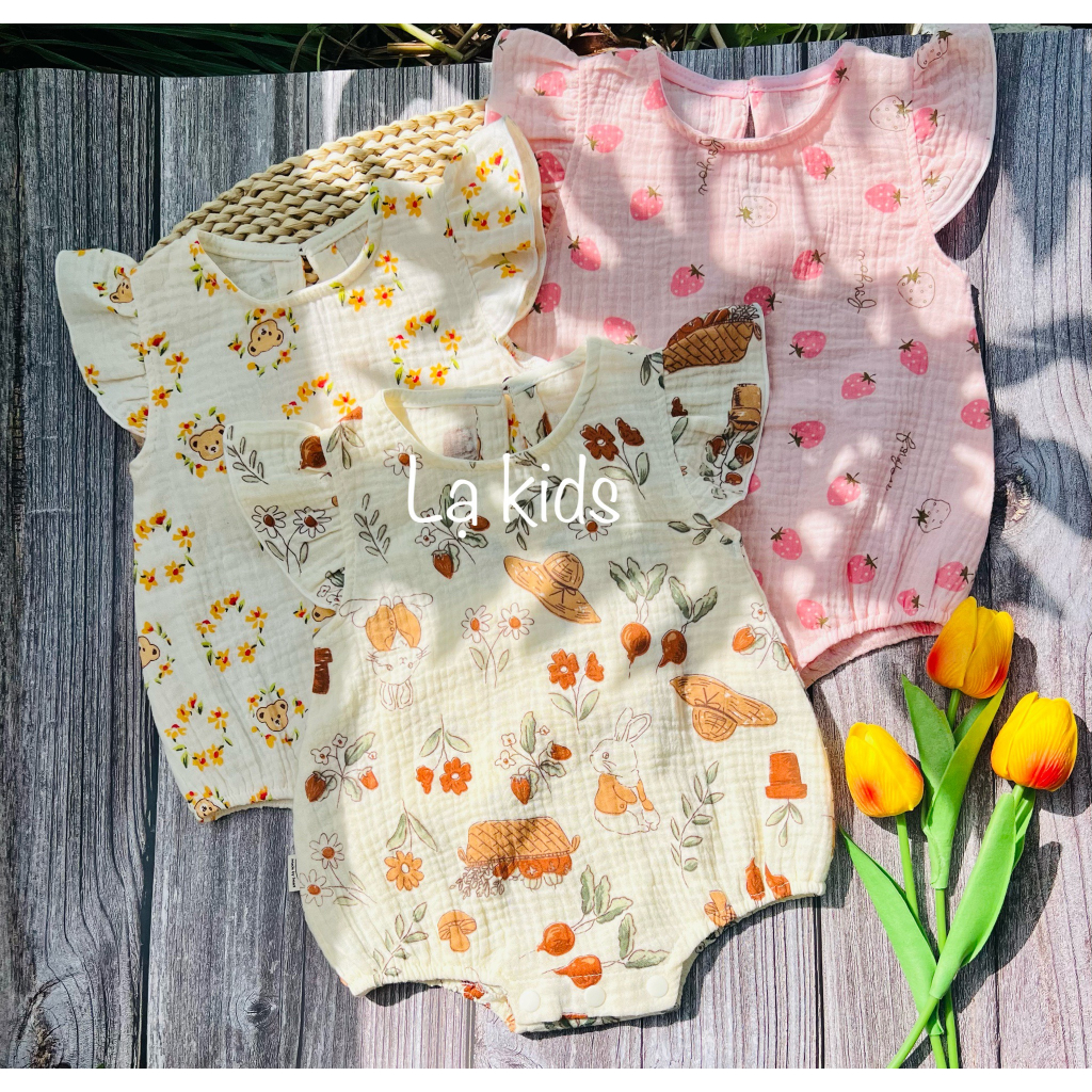 Body xô muslin cánh tiên mềm mát cho bé gái 0-18 tháng,