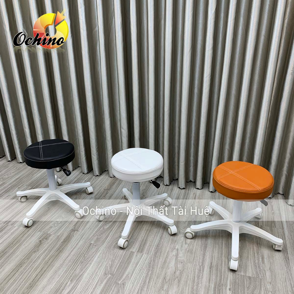 Ghế Trang Điểm Xoay, Ghế Xoay Spa Chân Nhựa Trắng Mẫu Tròn T Có Bánh Xe (Có Sẵn)